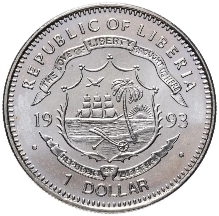 Либерия 1 dollar (доллар) 1993   "Динозавры- Atchaeopteryx (археоптерикс)", реверс