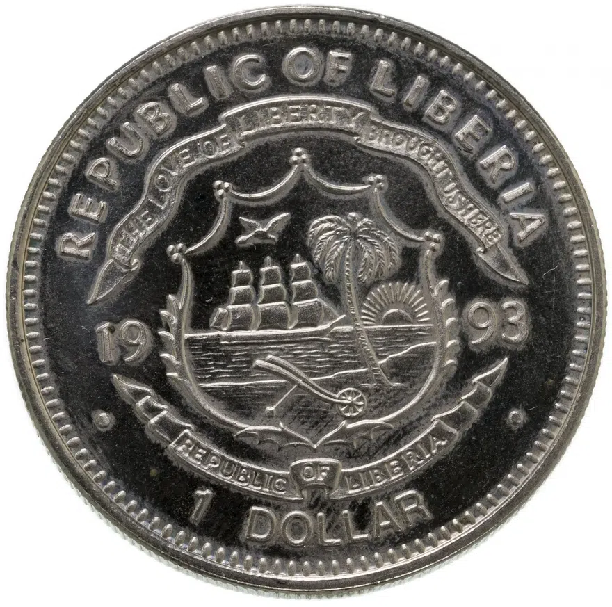 Либерия 1 доллар (dollar) 1993  Protoceratops (протоцератопсы), реверс
