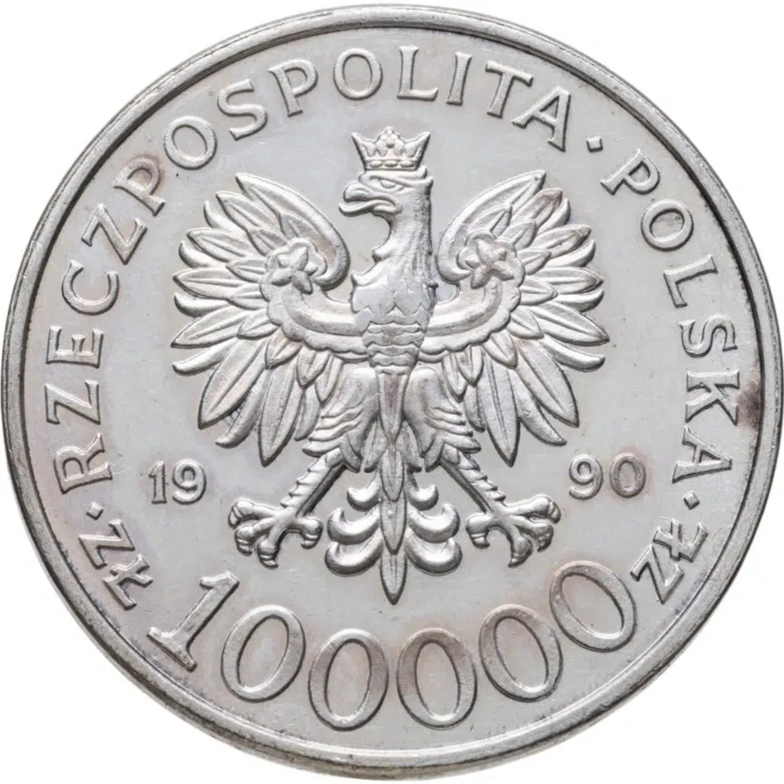 Польша 100000 злотых (zlotych) 1990  10 лет независимому самоуправляемому профсоюзу «Солидарность», реверс
