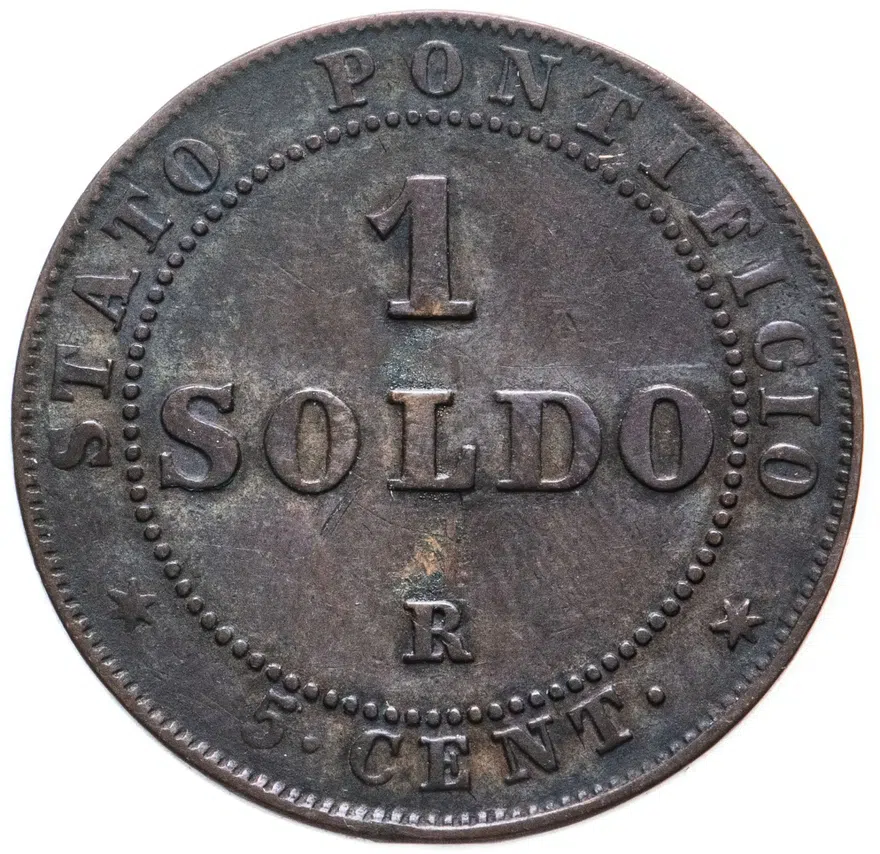 Папская область 1 сольдо (soldo) 1866  Большой бюст, аверс