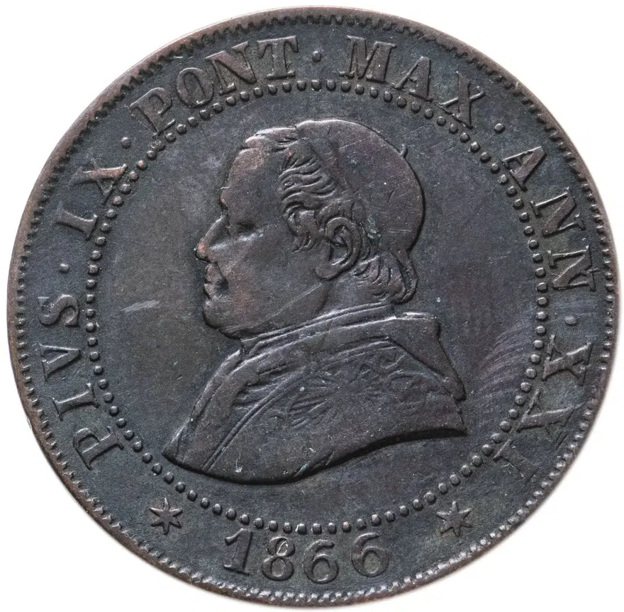 Папская область 1 сольдо (soldo) 1866  Большой бюст, реверс