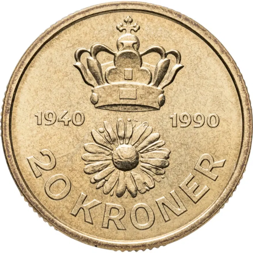 Дания 20 крон (kroner) 1990  50 лет со дня рождения Королевы Маргрете II, реверс