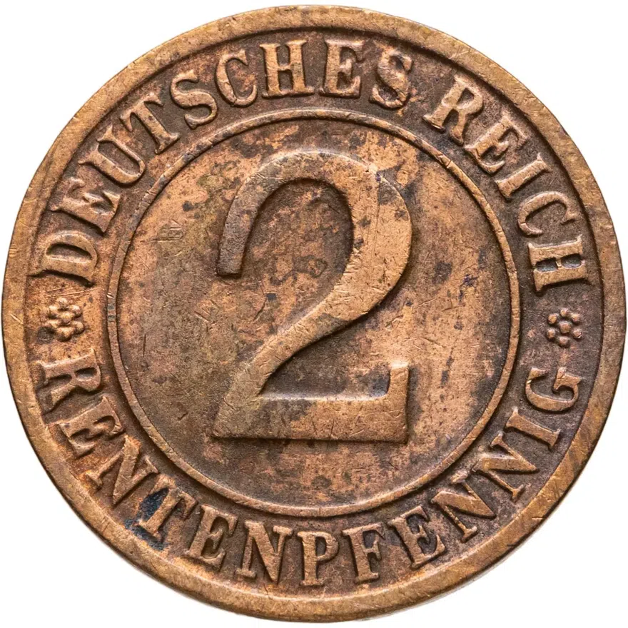 Германия 2 пфеннига (рентенпфеннига, rentenpfennig) 1924 G  знак монетного двора "G" — Карлсруэ, аверс