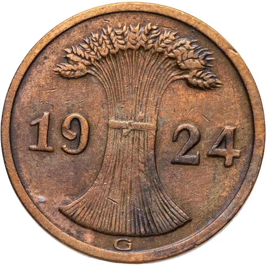 Германия 2 пфеннига (рентенпфеннига, rentenpfennig) 1924 G  знак монетного двора "G" — Карлсруэ, реверс