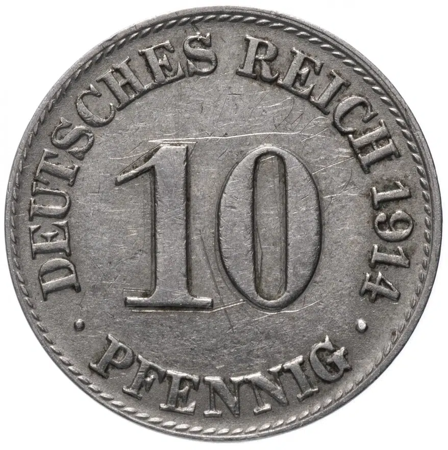 Германия 10 пфеннигов (pfennig) 1914 D