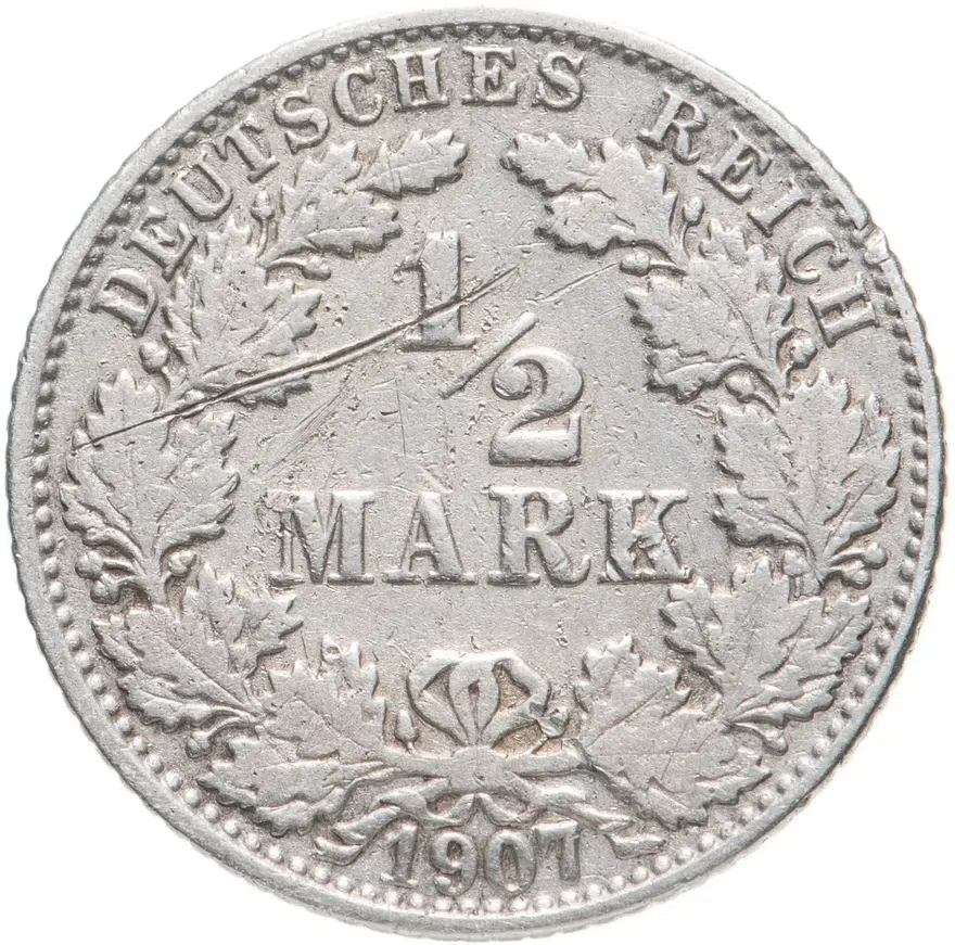 Германия 1/2 марки (mark) 1907 J  знак монетного двора: "J" - Гамбург