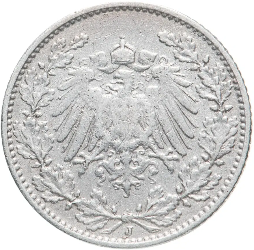 Германия 1/2 марки (mark) 1907 J  знак монетного двора: "J" - Гамбург, реверс