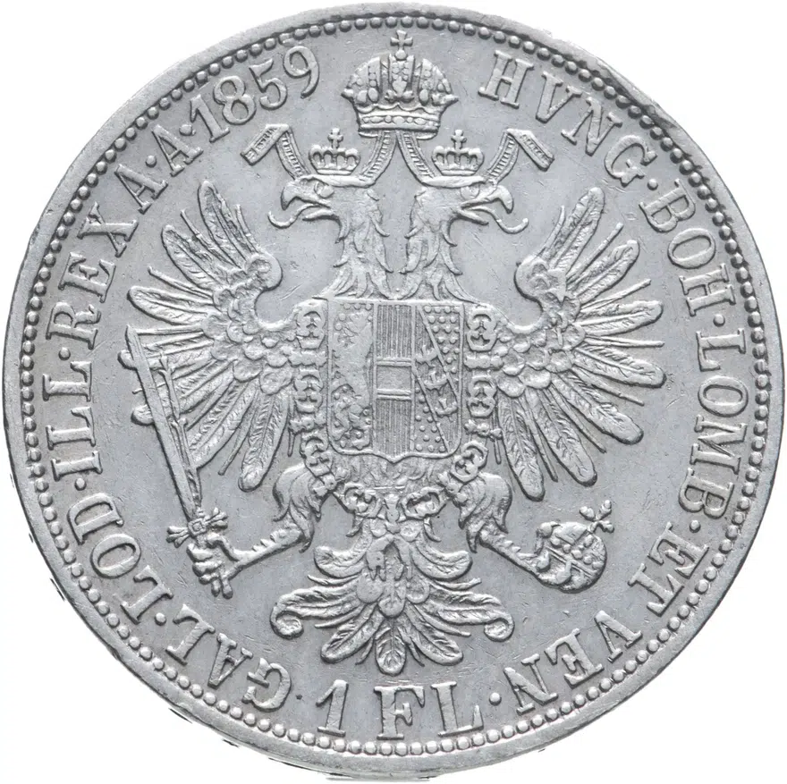 Австрия 1 флорин (florin) 1859 A  знак монетного двора "A" - Вена, реверс
