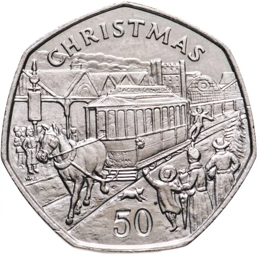 Остров Мэн. 50 пенсов (pence) 1986. "Рождество", отметка штемпеля "AA"