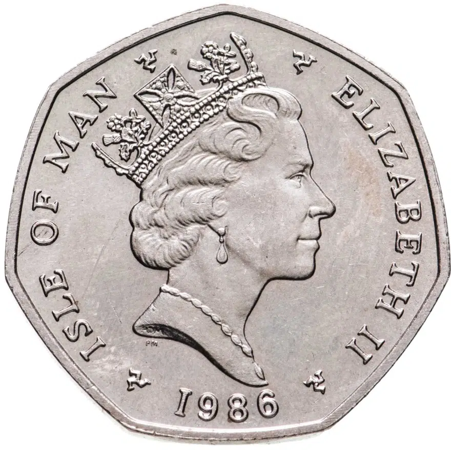 Остров Мэн. 50 пенсов (pence) 1986. "Рождество", отметка штемпеля "AA", реверс