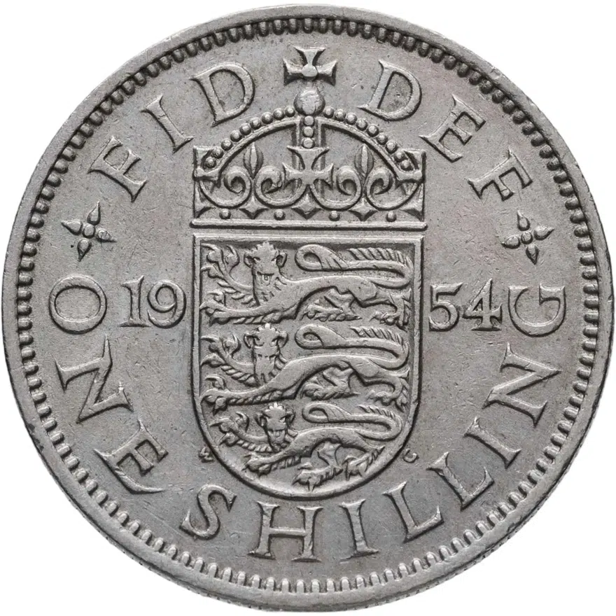 Великобритания 1 шиллинг (shilling) 1954, Английский герб - 3 льва внутри коронованного щита, реверс