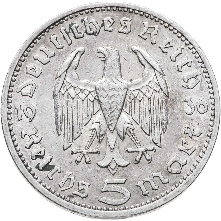Германия 5 рейхсмарок (reichsmark) 1936  Гинденбург Третий рейх, без свастики