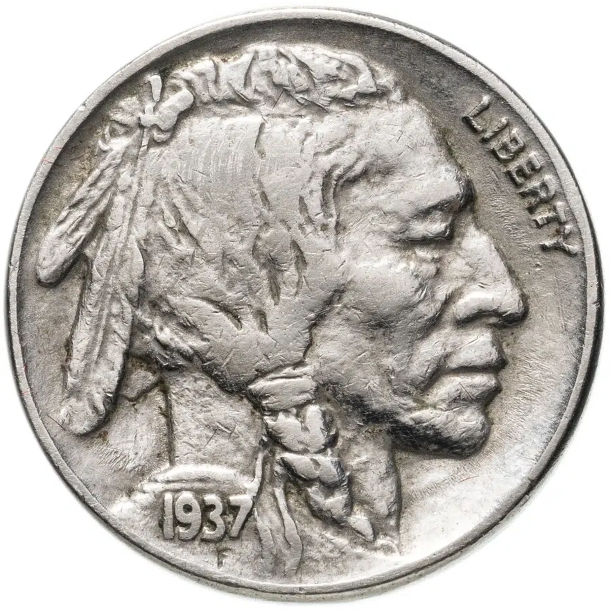 США 5 центов (cents) 1937 D Buffalo Nickel знак монетного двора: "D" - Денвер, аверс