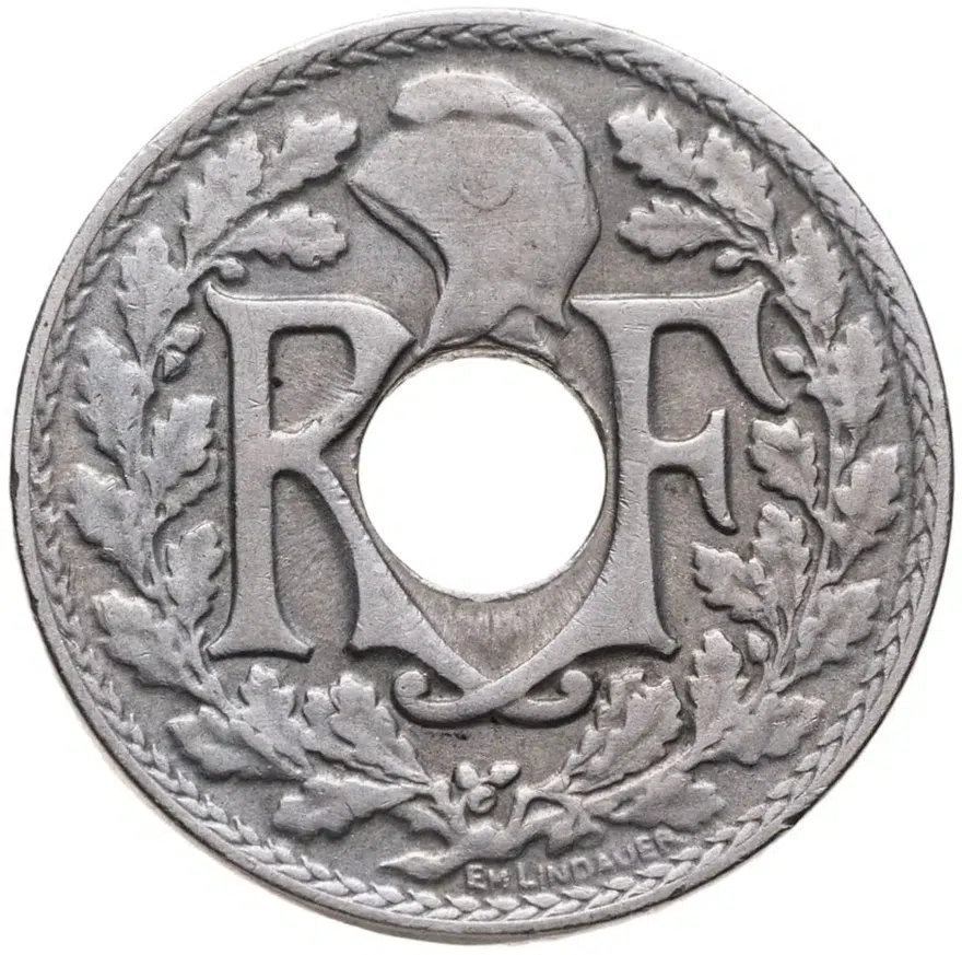 Франция 10 сантимов (centimes) 1923 Молния  знак монетного двора: "Молния" - Пуасси, реверс
