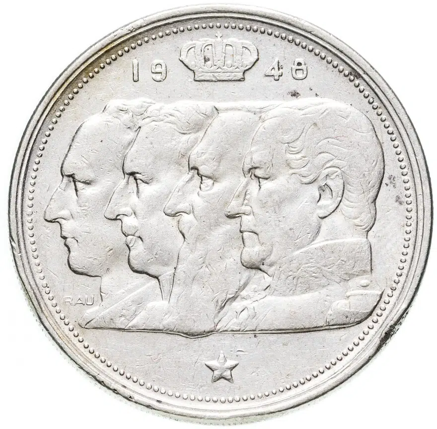 Бельгия 100 франков (francs) 1948  Надпись на голландском - 'BELGIE' Монетное отношение аверс/реверс (180°)