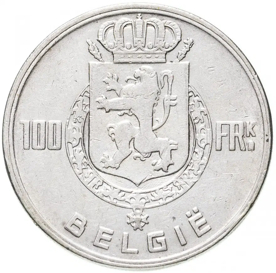 Бельгия 100 франков (francs) 1948  Надпись на голландском - 'BELGIE' Монетное отношение аверс/реверс (180°), реверс