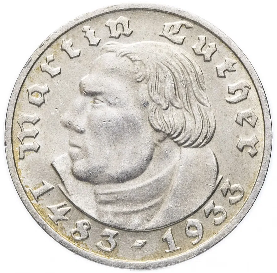 Германия (Третий рейх) 2 рейхсмарки (reichsmark) 1933 A "450 лет со дня рождения Мартина Лютера", реверс