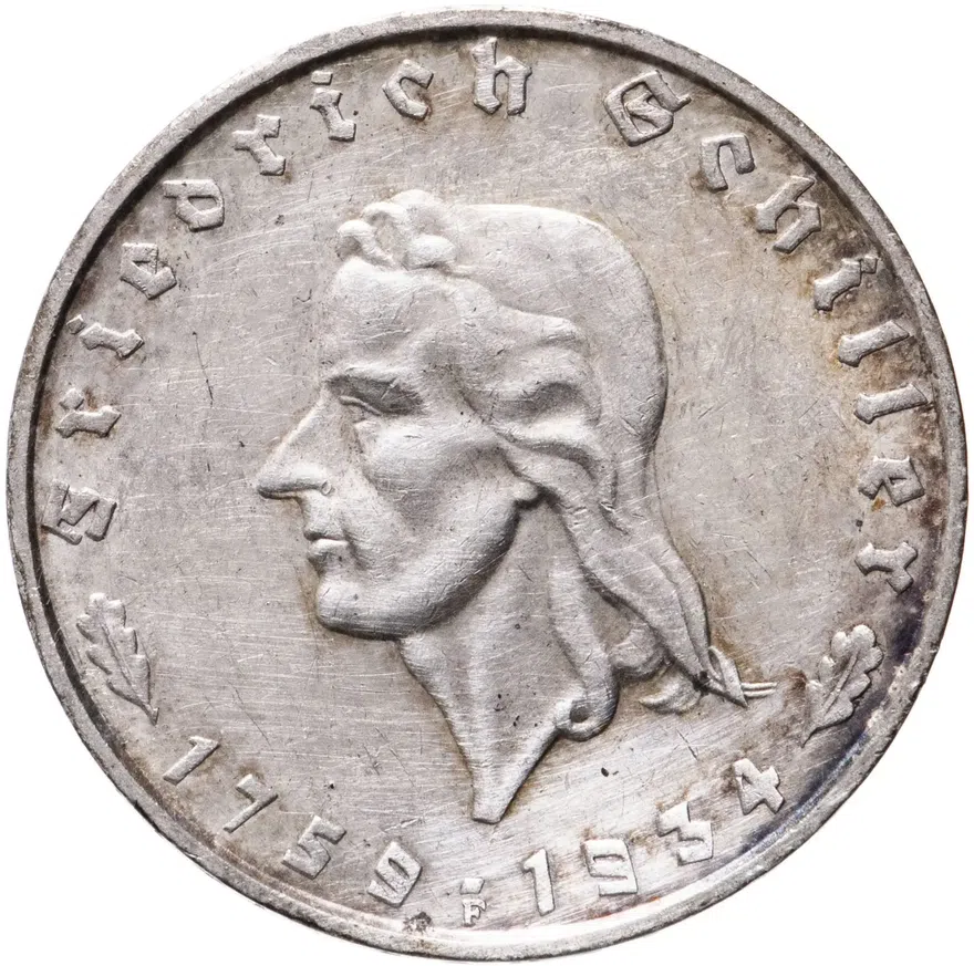 Германия, Третий рейх 2 рейхсмарки (reichsmark) 1934 F  175 лет со дня рождения Фридриха Шиллера
