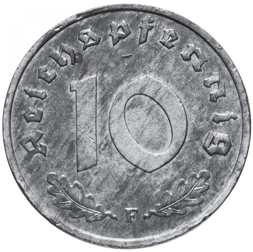Германия (послевоенная оккупация) 10 рейх пфеннигов (reichspfennig) 1948 F, аверс