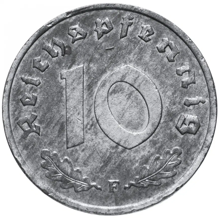 Германия (послевоенная оккупация) 10 рейх пфеннигов (reichspfennig) 1948 F, реверс