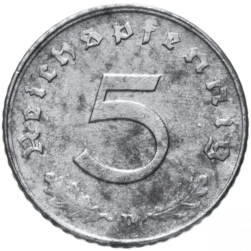 Германия (послевоенная оккупация) 5 рейх пфеннигов (reichspfennig) 1947 D, реверс