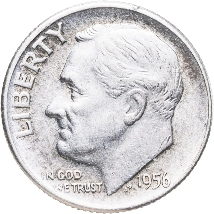 США 10 центов (дайм, one dime) 1956 D Silver Roosevelt Dime (Рузвельт) знак монетного двора "D" - Денвер, аверс