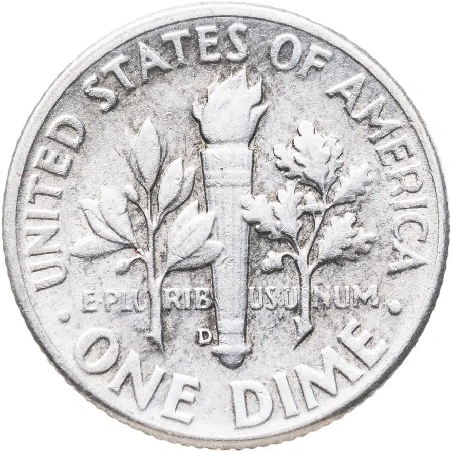 США 10 центов (дайм, one dime) 1956 D Silver Roosevelt Dime (Рузвельт) знак монетного двора "D" - Денвер, реверс