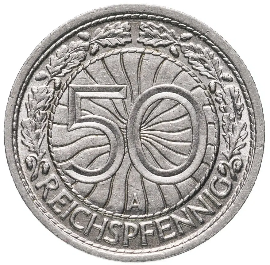 Германия 50 рейхспфеннигов (reichspfennig) 1927 знак монетного двора "A" — Берлин