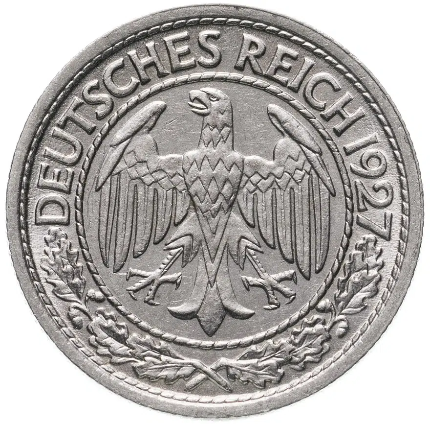 Германия 50 рейхспфеннигов (reichspfennig) 1927 знак монетного двора "A" — Берлин, реверс