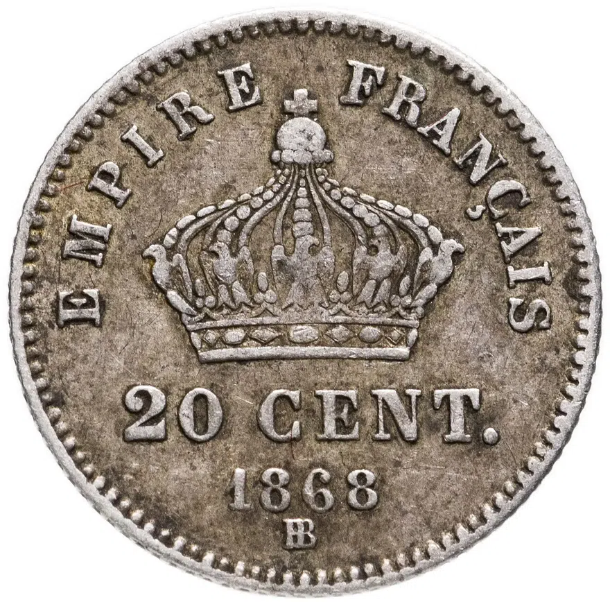 Франция 20 сантимов (centimes) 1868 BB  знак монетного двора: "BB" - Страсбург