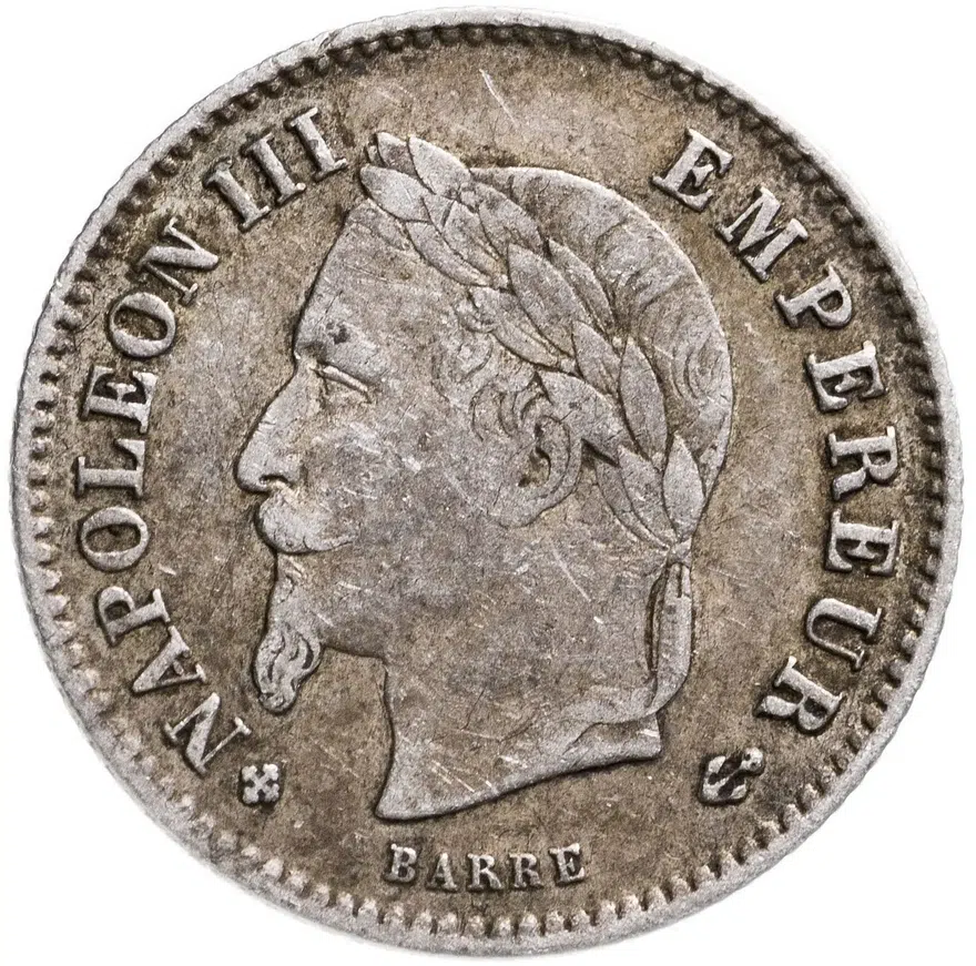 Франция 20 сантимов (centimes) 1868 BB  знак монетного двора: "BB" - Страсбург, реверс