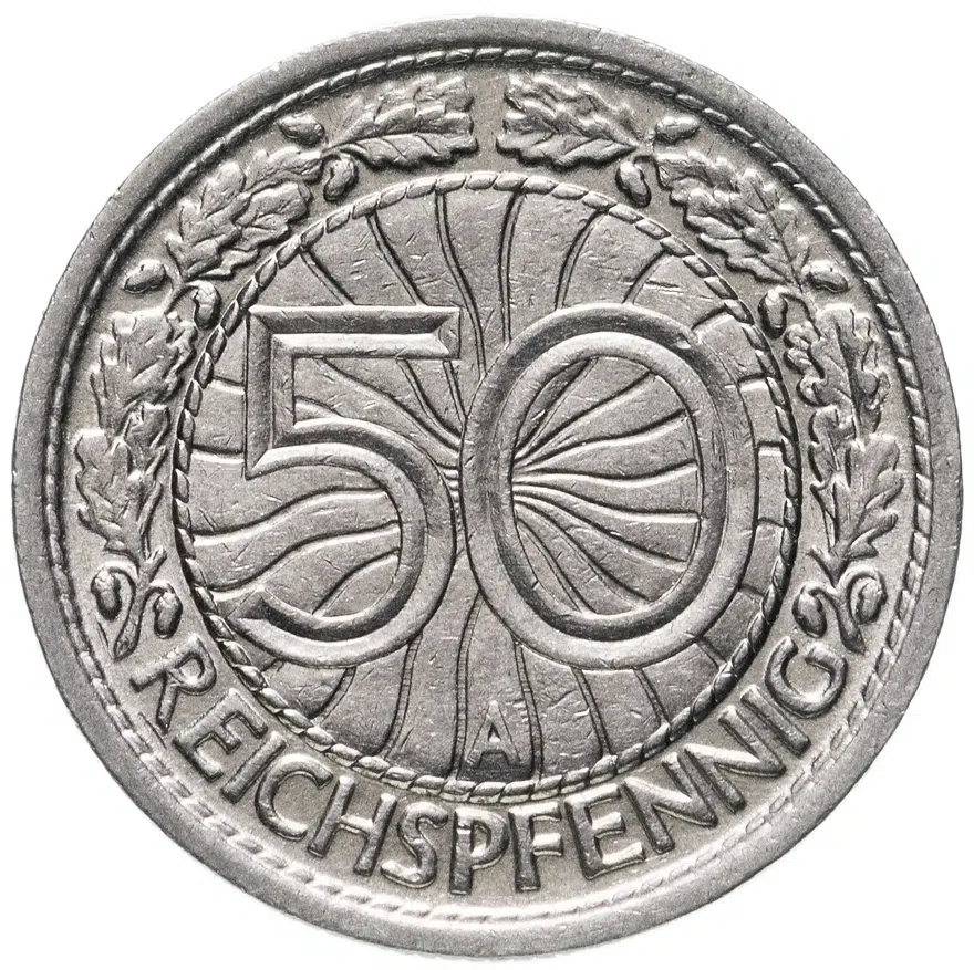 Германия (Веймарская республика) 50 рейхспфеннигов (reichspfennig) 1928 знак монетного двора "A" — Берлин, реверс