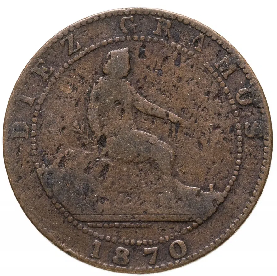 Испания 10 сентимо (centimos) 1870, реверс