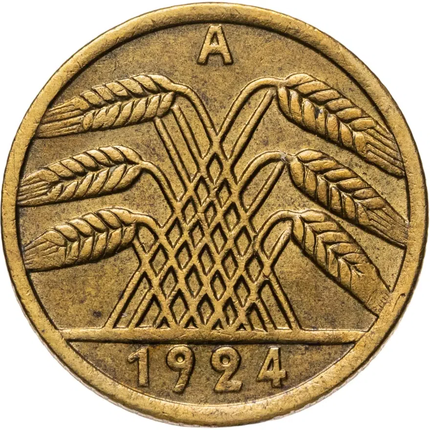 Германия 5 пфеннигов (рентенпфеннигов, rentenpfennig) 1924 A  знак монетного двора "A" — Берлин