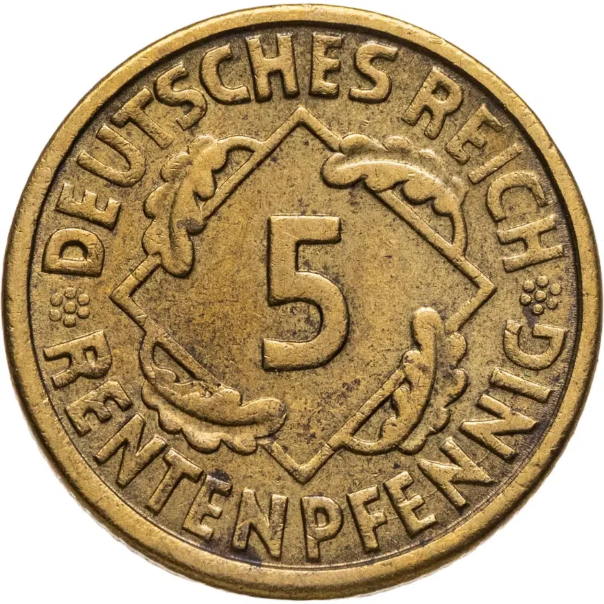 Германия 5 пфеннигов (рентенпфеннигов, rentenpfennig) 1924 A  знак монетного двора "A" — Берлин, реверс