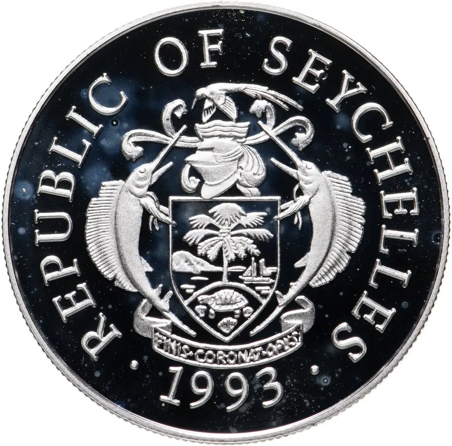 Сейшелы 25 рупий (rupees) 1993  Чемпионат мира по футболу 1994,США, реверс