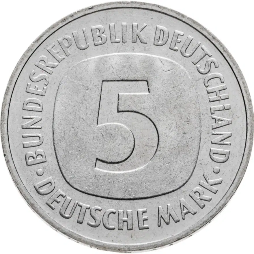 Германия (ФРГ) 5 марок (mark) 1975 отметка монетного двора "J" - Гамбург, аверс