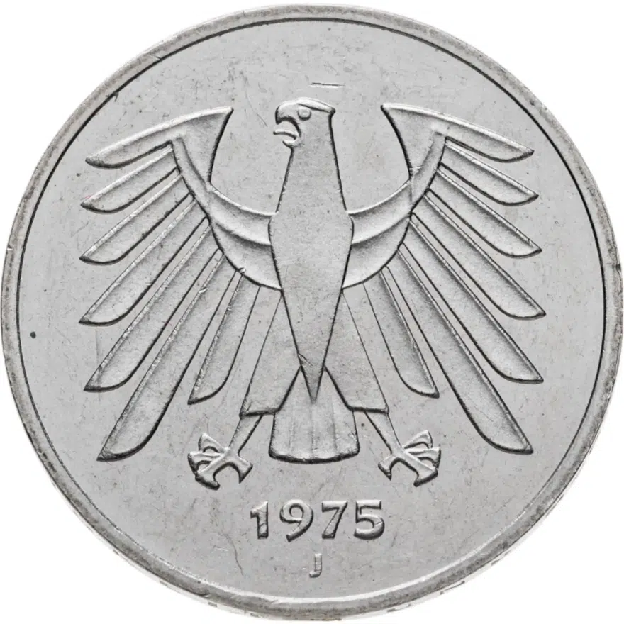 Германия (ФРГ) 5 марок (mark) 1975 отметка монетного двора "J" - Гамбург, реверс