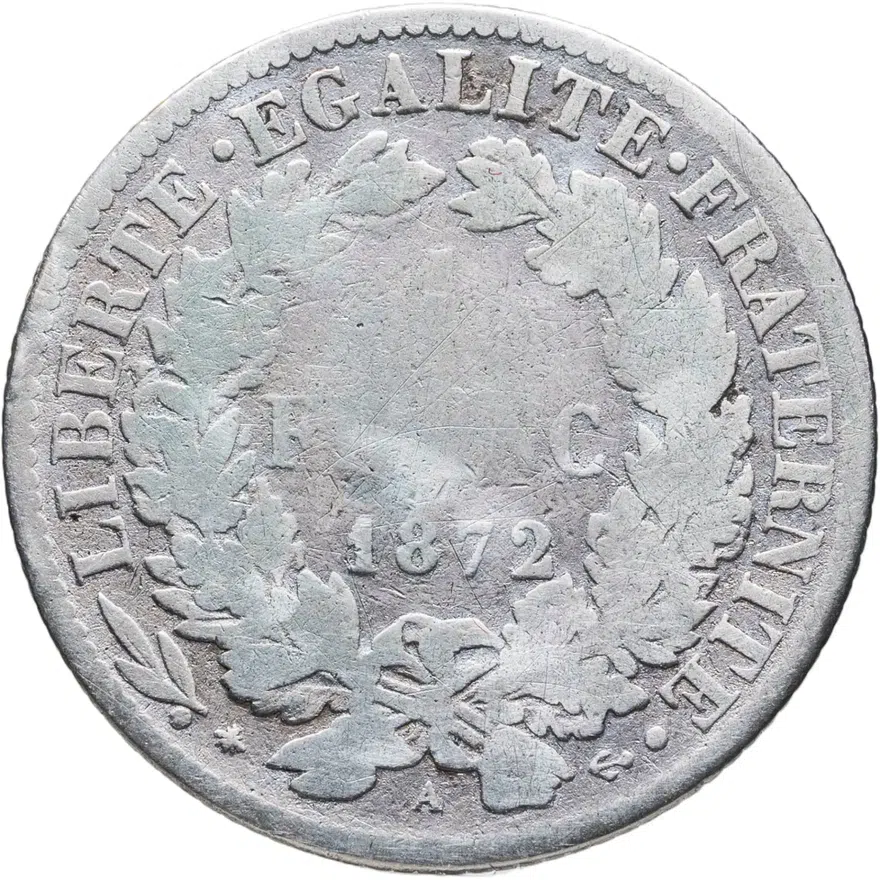 Франция 1 франк (franc) 1872 A  знак монетного двора: "A" - Париж, реверс