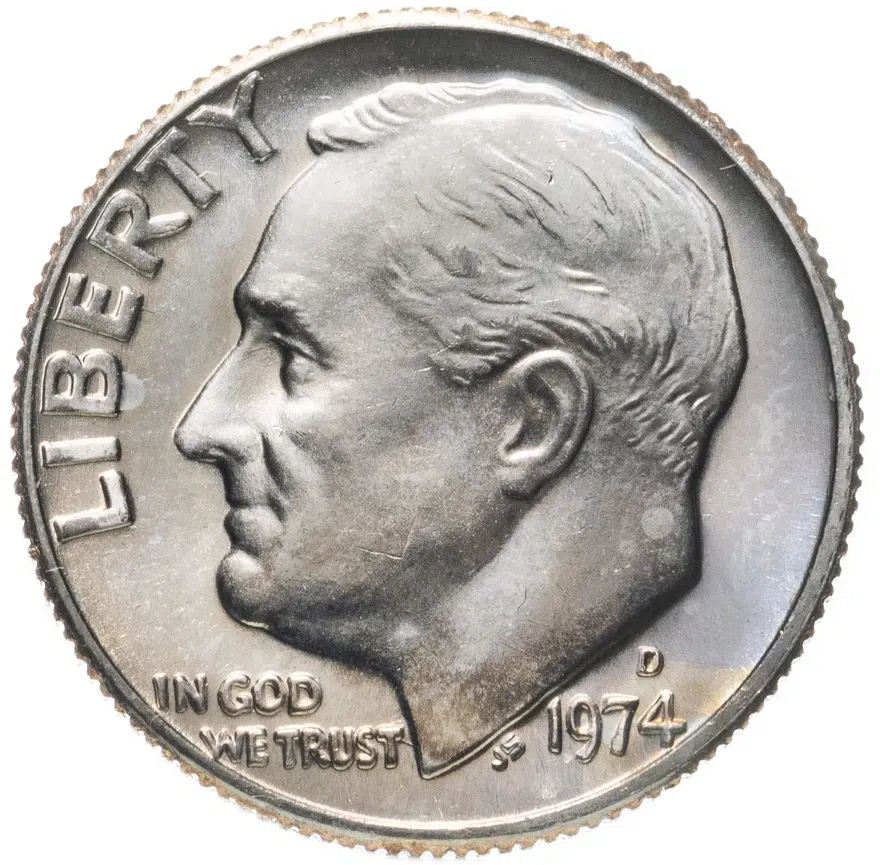 США 10 центов (дайм, one dime) 1974 D Roosevelt Dime (Рузвельт) знак монетного двора "D" - Денвер, аверс