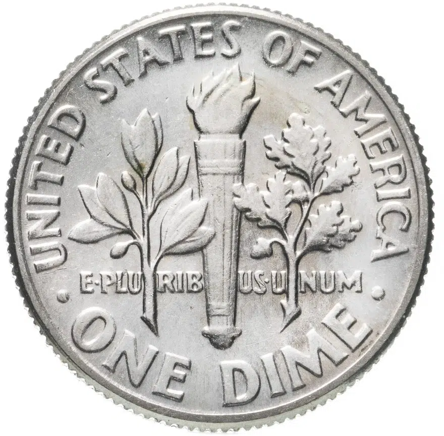 США 10 центов (дайм, one dime) 1974 D Roosevelt Dime (Рузвельт) знак монетного двора "D" - Денвер, реверс