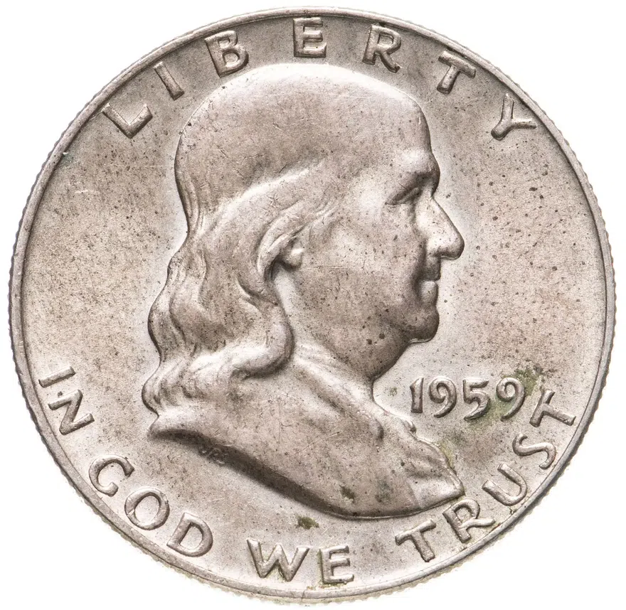 США 50 центов (1/2 доллара, half dollar) 1959  Franklin Half Dollar Без отметки монетного двора, аверс