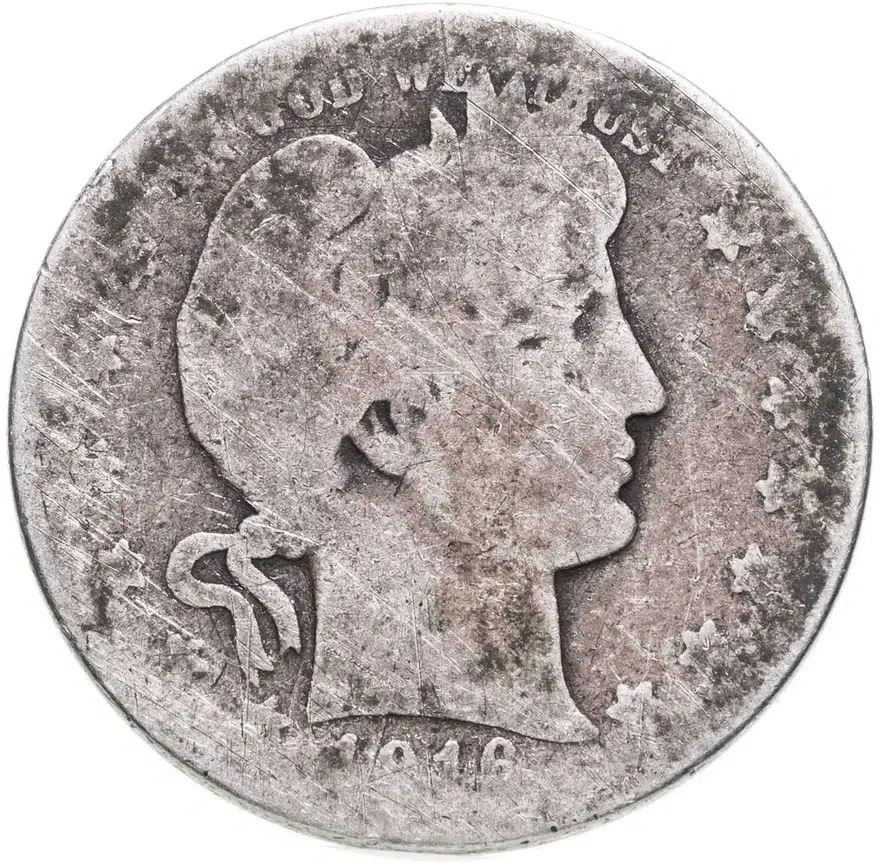 США 25 центов (квотер, 1/4 доллара, quarter dollar) 1916 D Barber Quarter знак монетного двора: "D" - Денвер, аверс