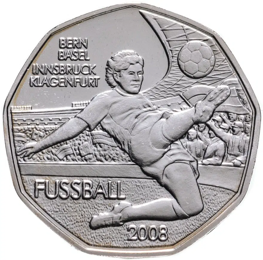 Австрия 5 евро 2008 "Чемпионат Европы по футболу 2008 года. Берн, Базель, Инсбрук, Клагенфурт"