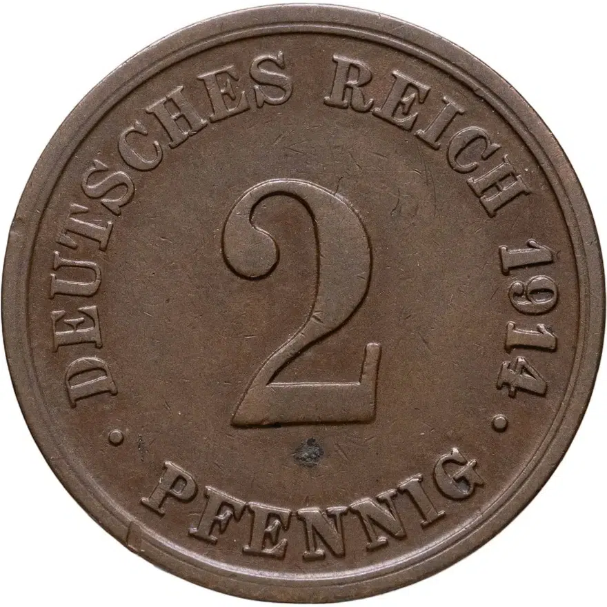 Германия 2 пфеннига (pfennig) 1914 G  знак монетного двора: "G" - Карлсруэ, аверс