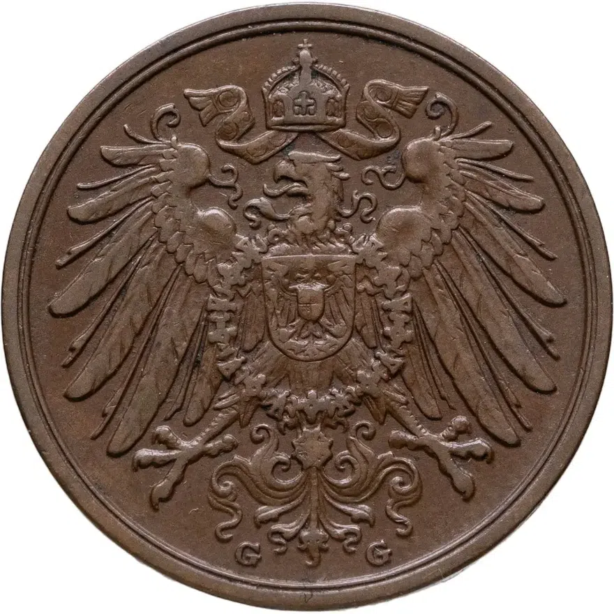 Германия 2 пфеннига (pfennig) 1914 G  знак монетного двора: "G" - Карлсруэ, реверс