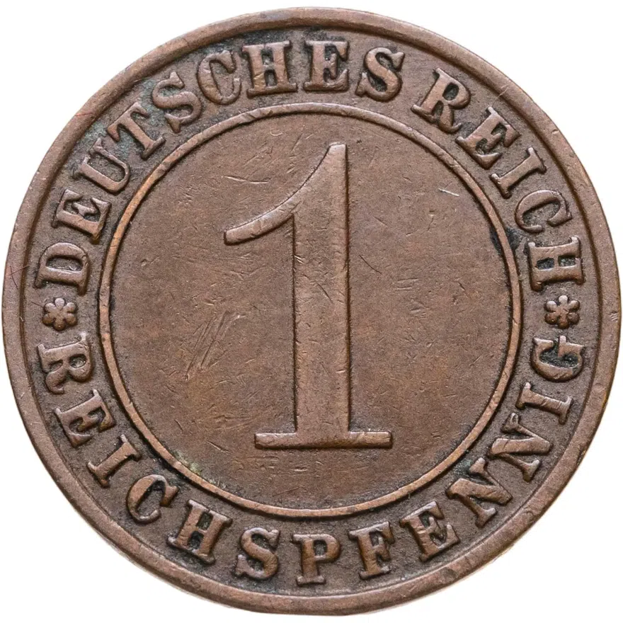 Германия 1 рейхспфенниг (reichspfennig) 1927 G  знак монетного двора "G" — Карлсруэ