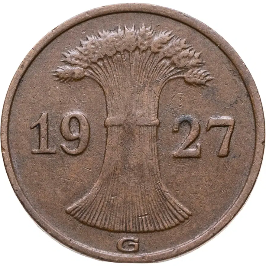 Германия 1 рейхспфенниг (reichspfennig) 1927 G  знак монетного двора "G" — Карлсруэ, реверс