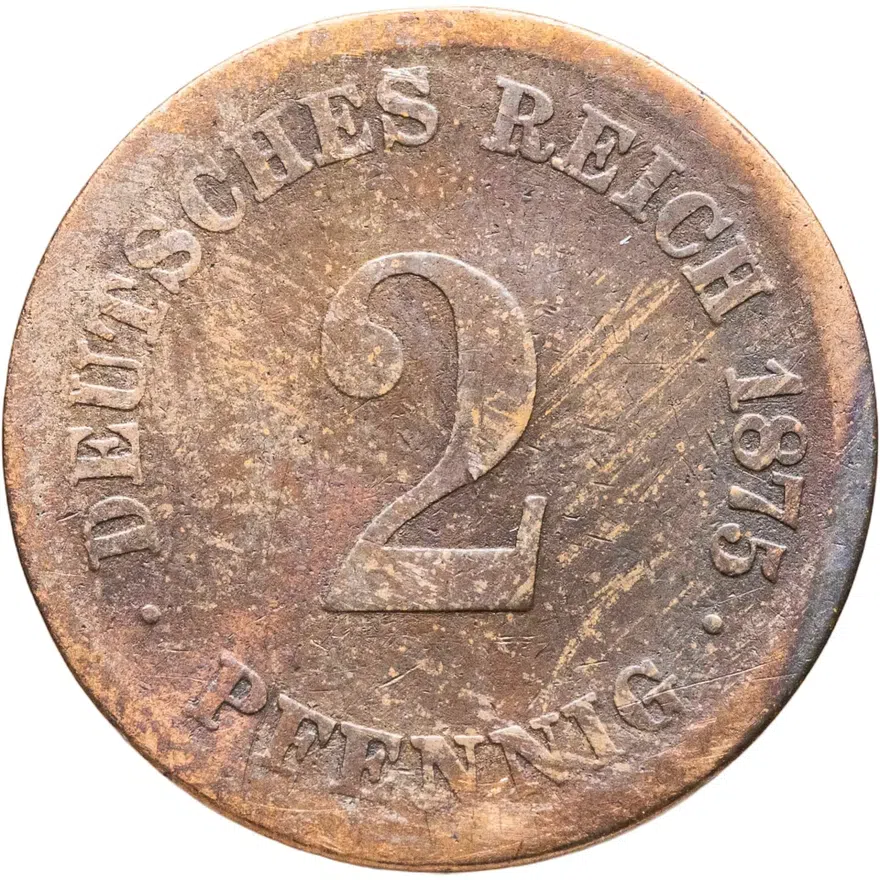 Германия 2 пфеннига (pfennig) 1875 E  знак монетного двора: "E" - Дрезден