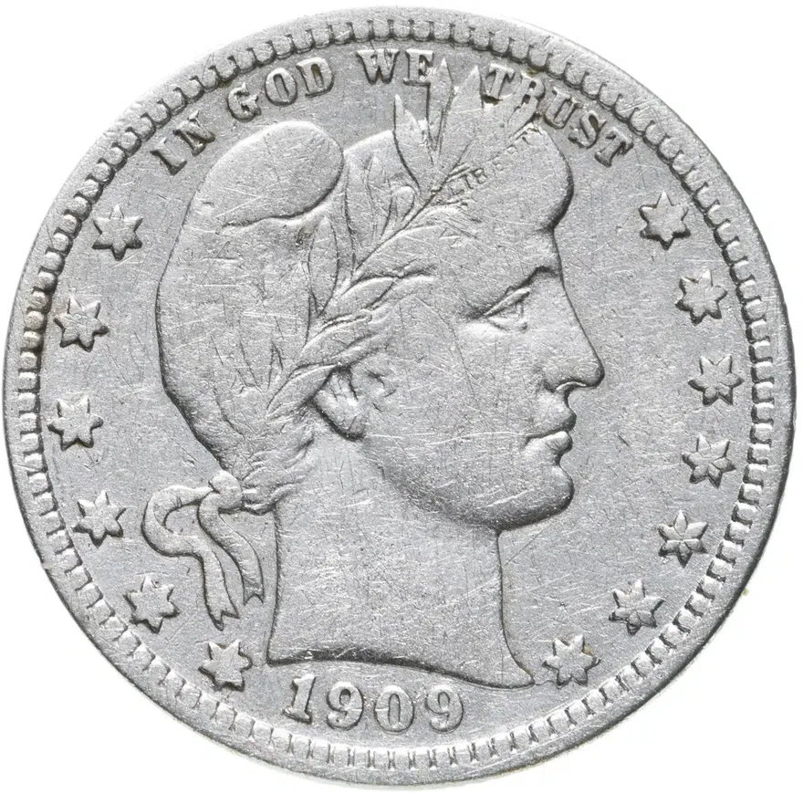 США 25 центов (квотер, 1/4 доллара, quarter dollar) 1909  Barber Quarter Без отметки монетного двора, аверс